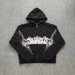 YOUNGLA- Black Gothic Graphic Zip-Up Hoodie