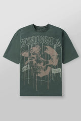 YoungLA Heavyweight Acid Wash Oversized Tee – Olive Green Drip Skull Graphic