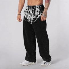 YOUNGLA Men's Gothic Graphic Acid Wash Wide Leg Sweatpants