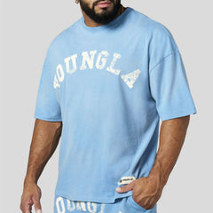 YoungLA Heavyweight Acid Wash Oversized Tee – Ice Blue Distressed Print