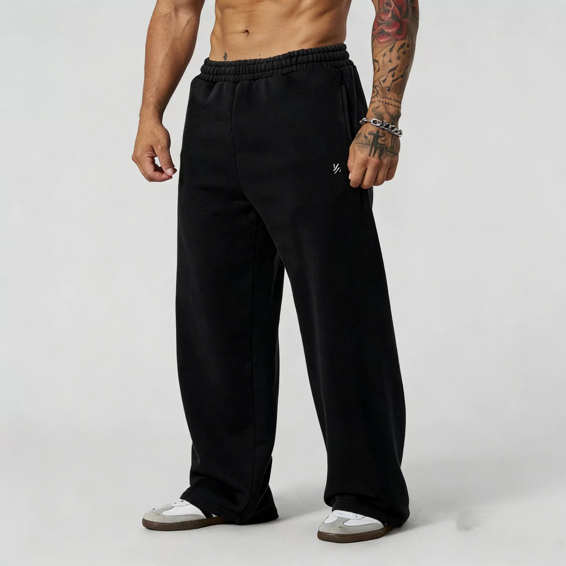 YOUNGLA Men's Arched Collegiate Wide Leg Sweatpants