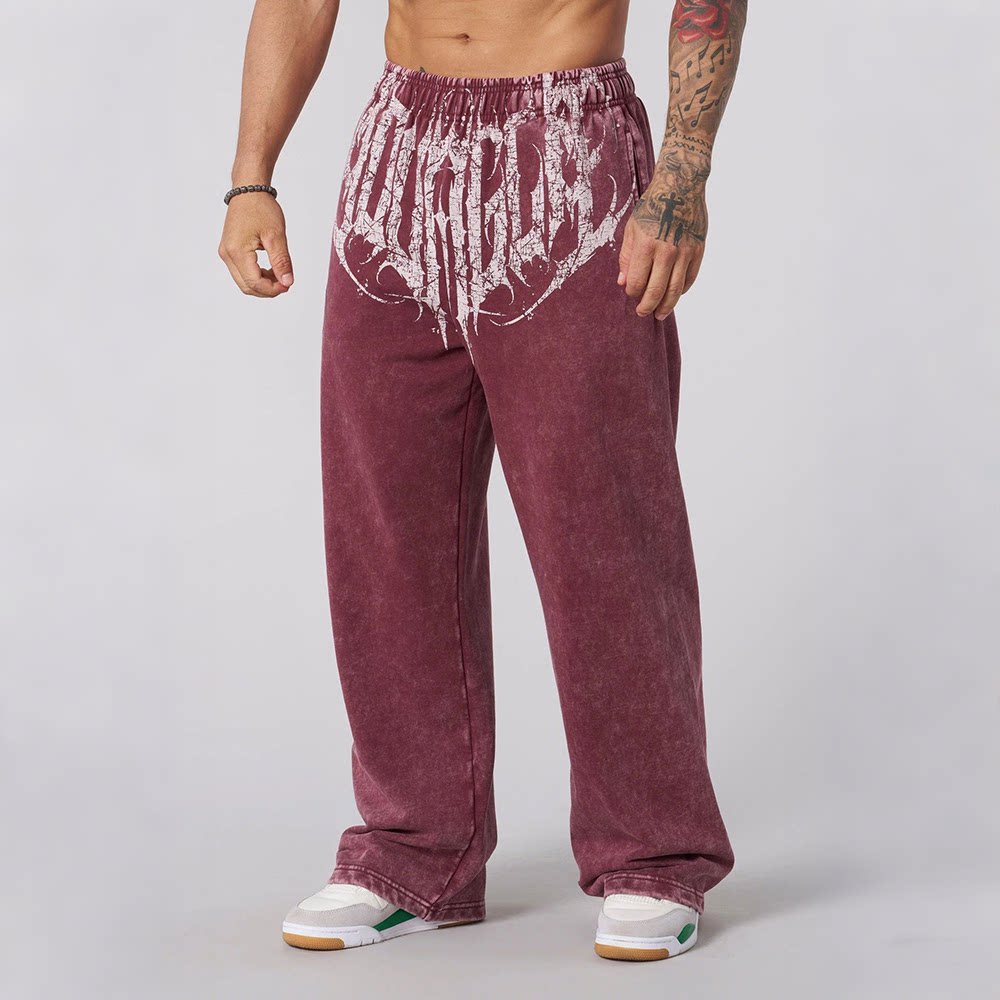 YOUNGLA Men's Gothic Graphic Acid Wash Wide Leg Sweatpants