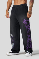 YOUNGLA Men's Anime Graphic Acid Wash Straight Leg Sweatpants