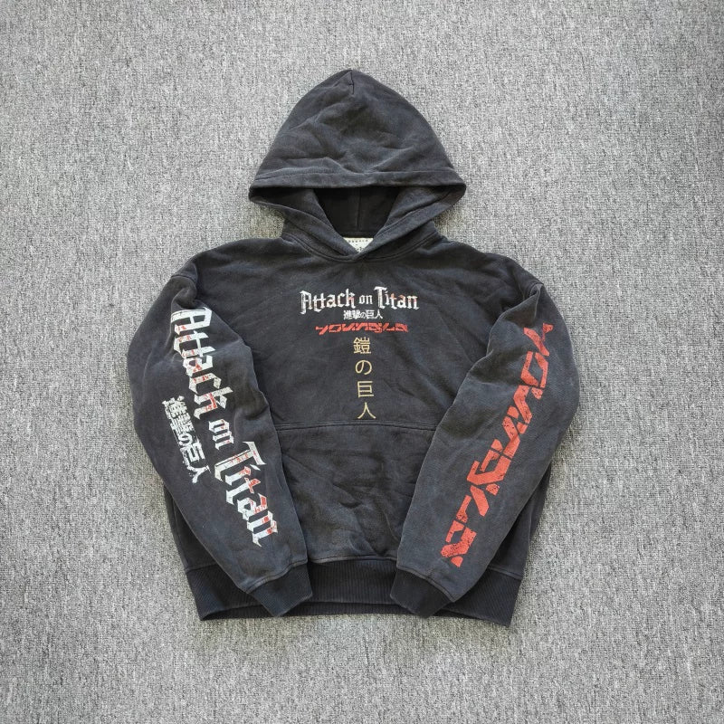 YOUNGLA- Washed Black Attack on Titan Anime Graphic Pullover Hoodie