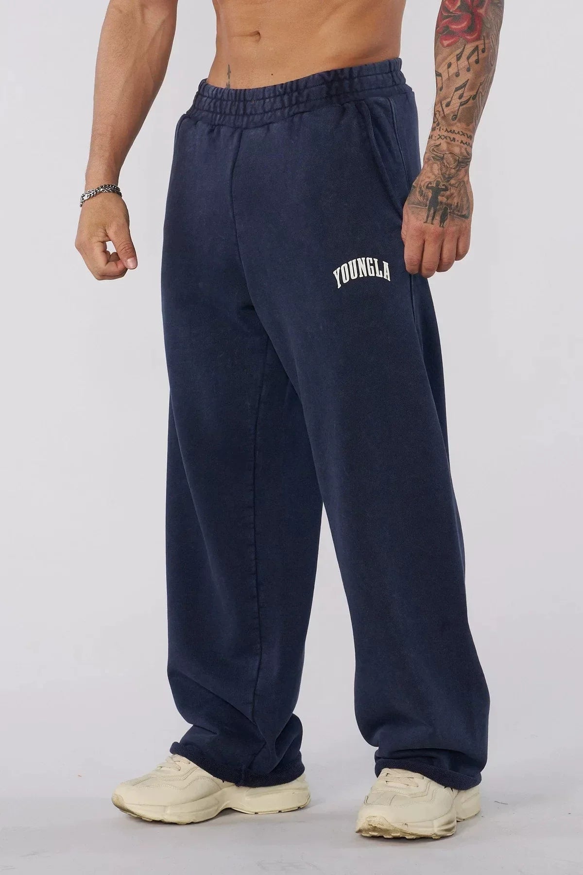 YOUNGLA Men's Arched Collegiate Logo Acid Wash Wide Leg Sweatpants