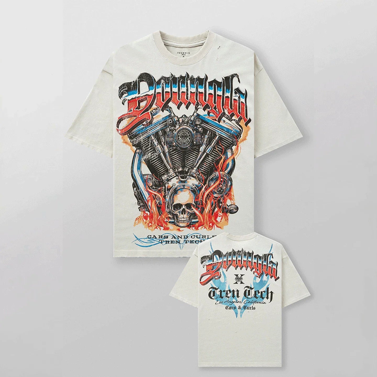 YoungLA Heavyweight Acid Wash Oversized Tee – Mechanical V-Twin Engine Off-White Graphic