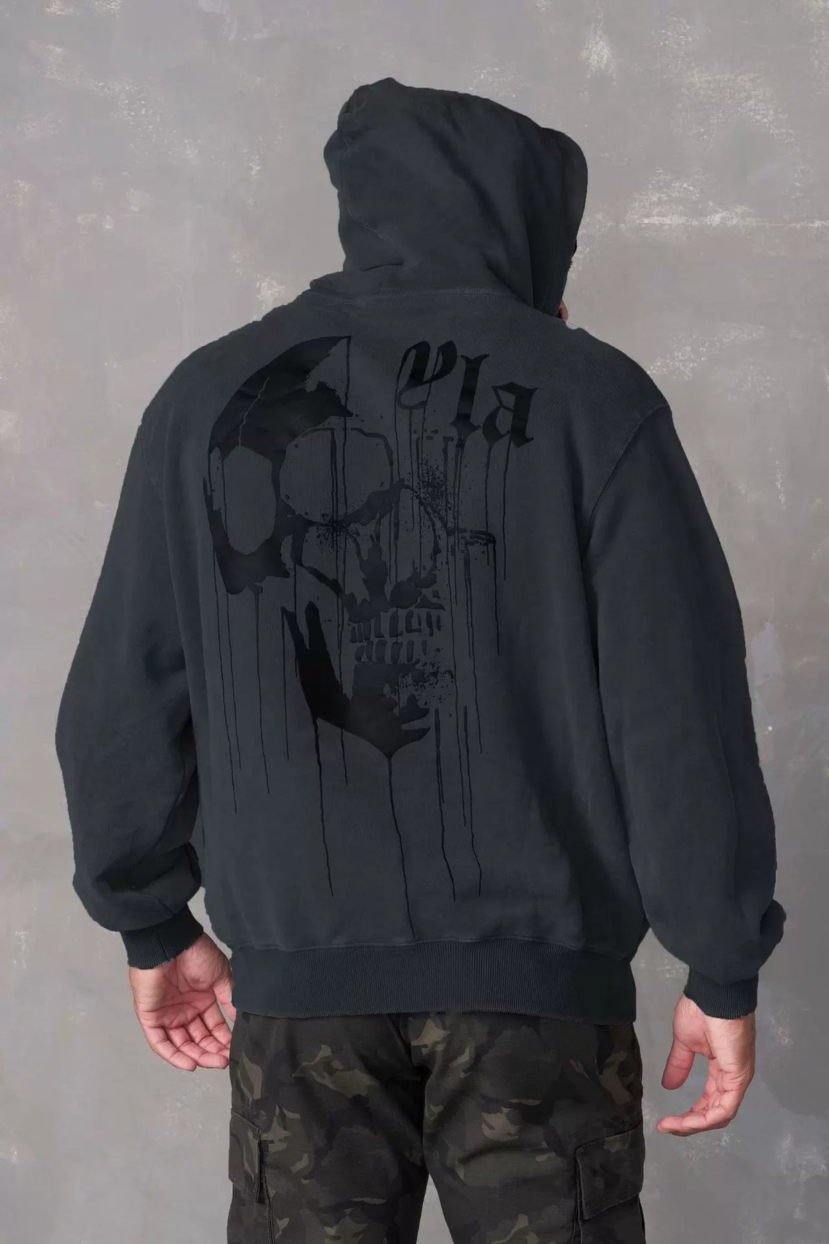 YOUNGLA- Washed Black Skull Graphic Hoodie Sweatshirt