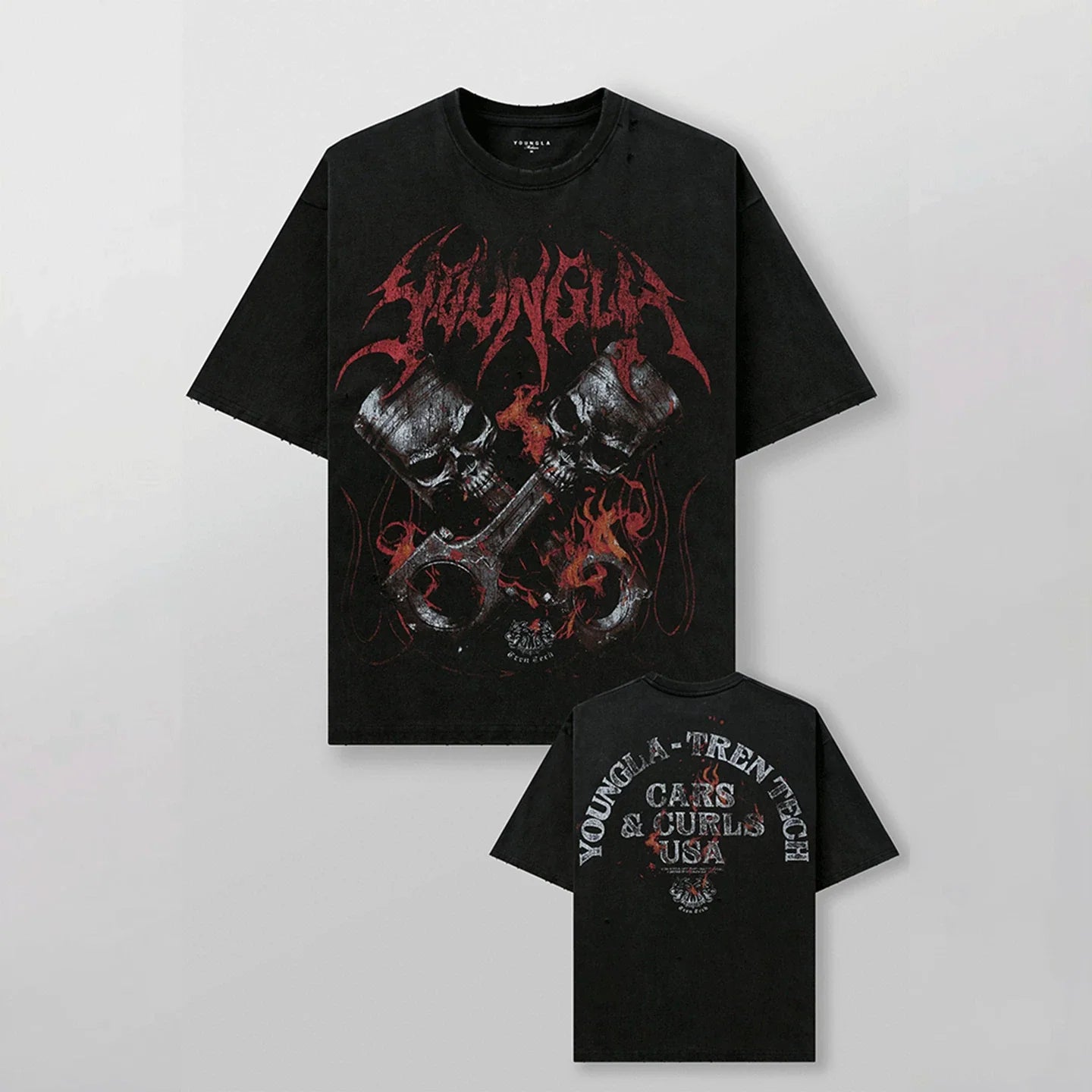YoungLA Heavyweight Acid Wash Oversized Tee – Mechanical Piston Skull Graphic