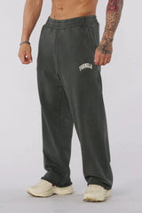 YOUNGLA Men's Arched Collegiate Logo Acid Wash Wide Leg Sweatpants