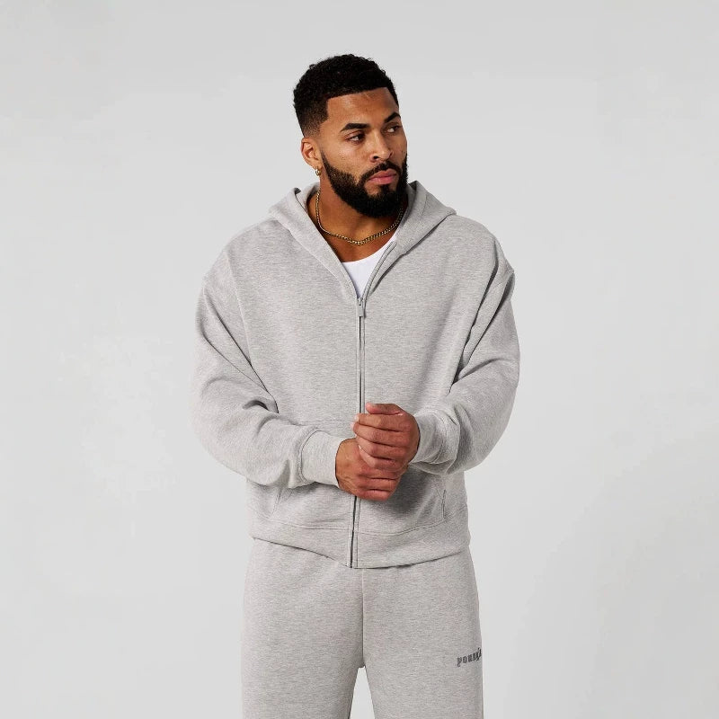 YOUNGLA- Heather Grey Zip-Up Hoodie Sweatshirt