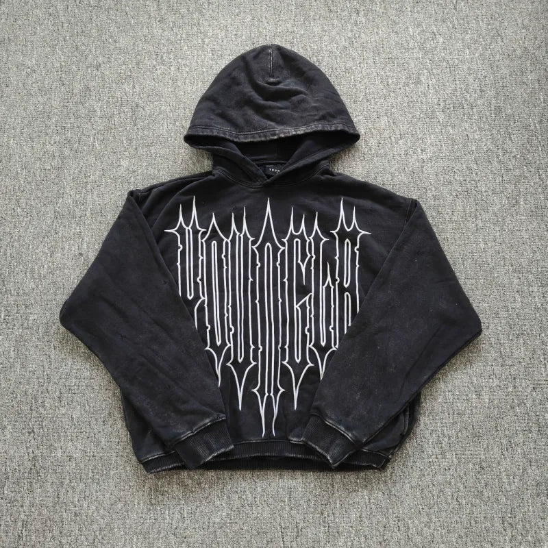 YOUNGLA- Black Graphic Pullover Hoodie