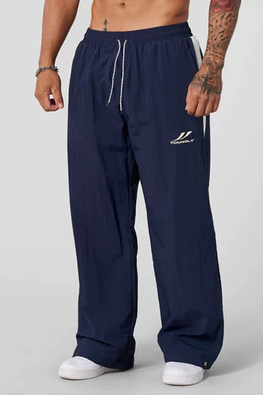 YOUNGLA Men's Retro Athletic Side Stripe Wide Leg Track Pants -blue