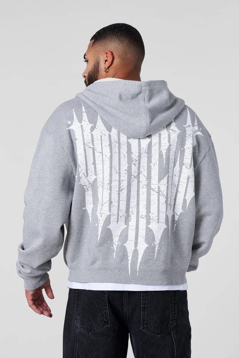 YOUNGLA- Heather Grey Graphic Zip-Up Hoodie Sweatshirt