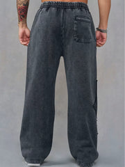 YOUNGLA Men's Acid Wash Gothic Cut-Out Appliqué Wide Leg Sweatpants