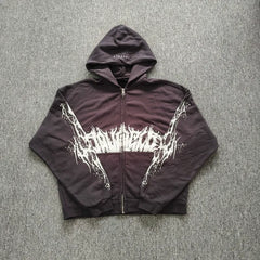 YOUNGLA- Washed Brown Gothic Graphic Zip-Up Hoodie