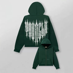YOUNGLA- Dark Green Gothic Back Graphic Full-Zip Hoodie