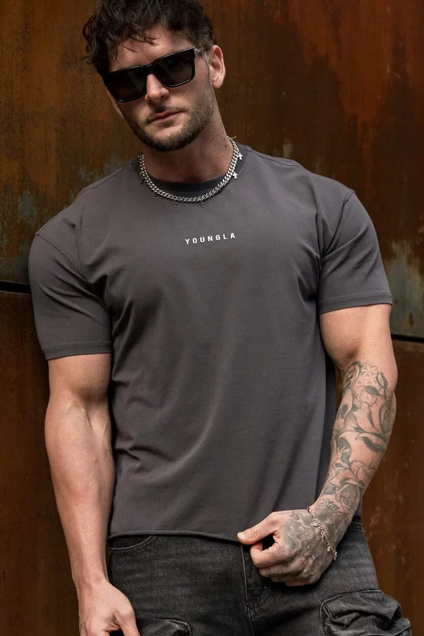 YoungLA Heavyweight Acid Wash Oversized Tee – Dark Grey Minimal Chest Logo