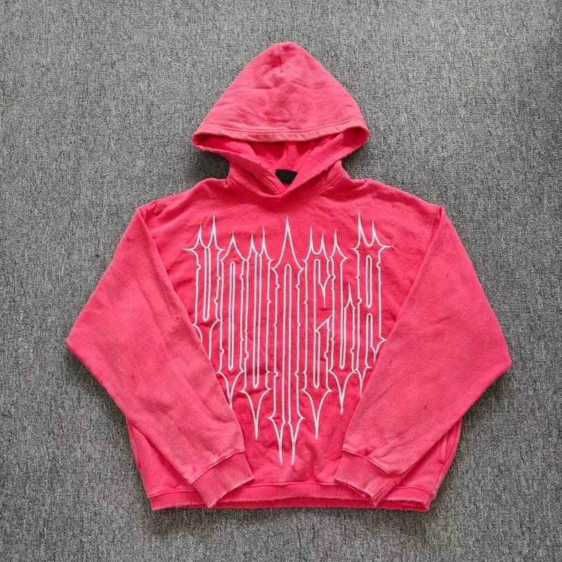 YOUNGLA- Washed Pink Graphic Pullover Hoodie