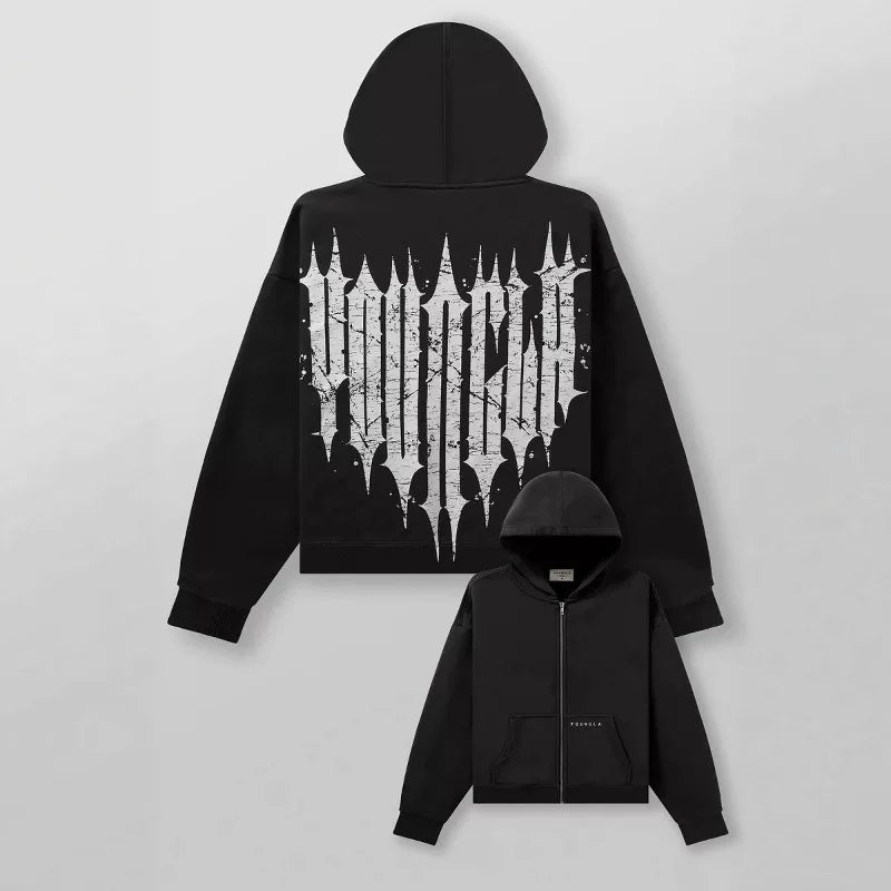 YOUNGLA- Black Gothic Back Graphic Full-Zip Hoodie