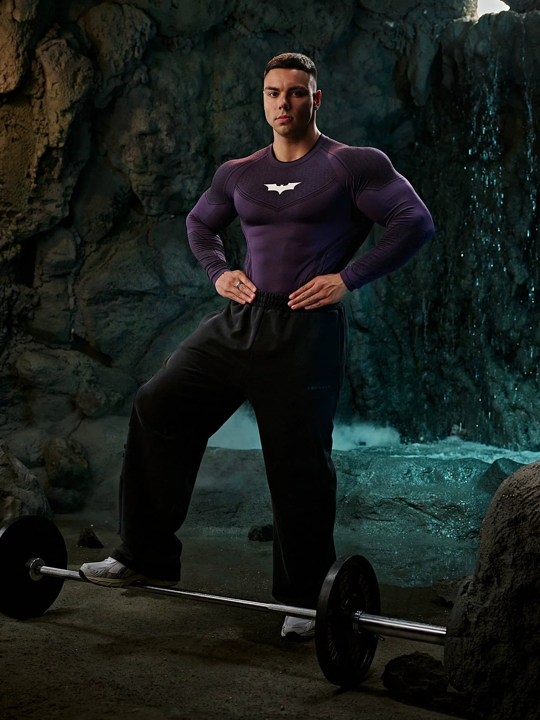 YOUNGLA Men's Superhero Honeycomb Armor Compression Long Sleeve Shirt Black