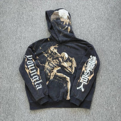 YOUNGLA- Washed Black Attack on Titan Graphic Pullover Hoodie