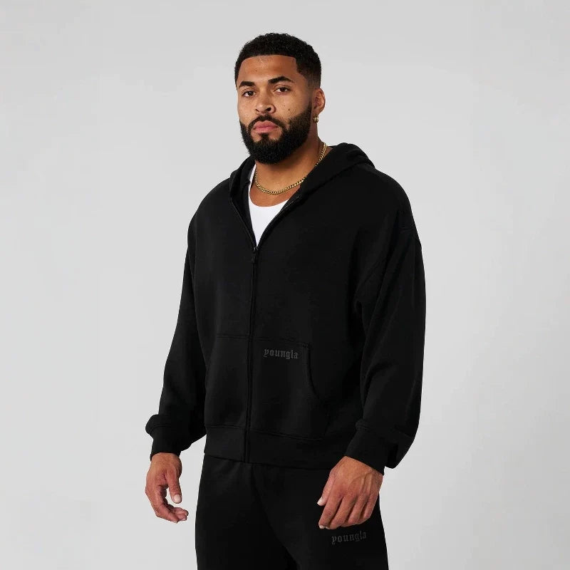 YOUNGLA- Black Zip-Up Hoodie Sweatshirt