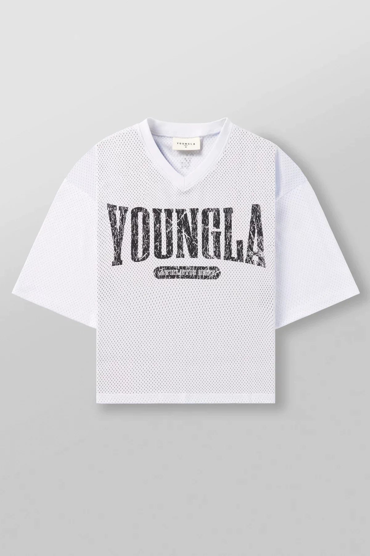 YoungLA White Graphic Oversized Jersey | Vintage Mesh V-Neck Gym Tee