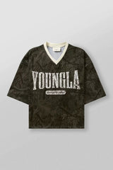 YoungLA Camo Oversized V-Neck Mesh Jersey – Distressed Logo Graphic